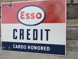 Authentic Antique Esso Gas Station "Credit Cards Honored" Double Sided Porcelain Sign