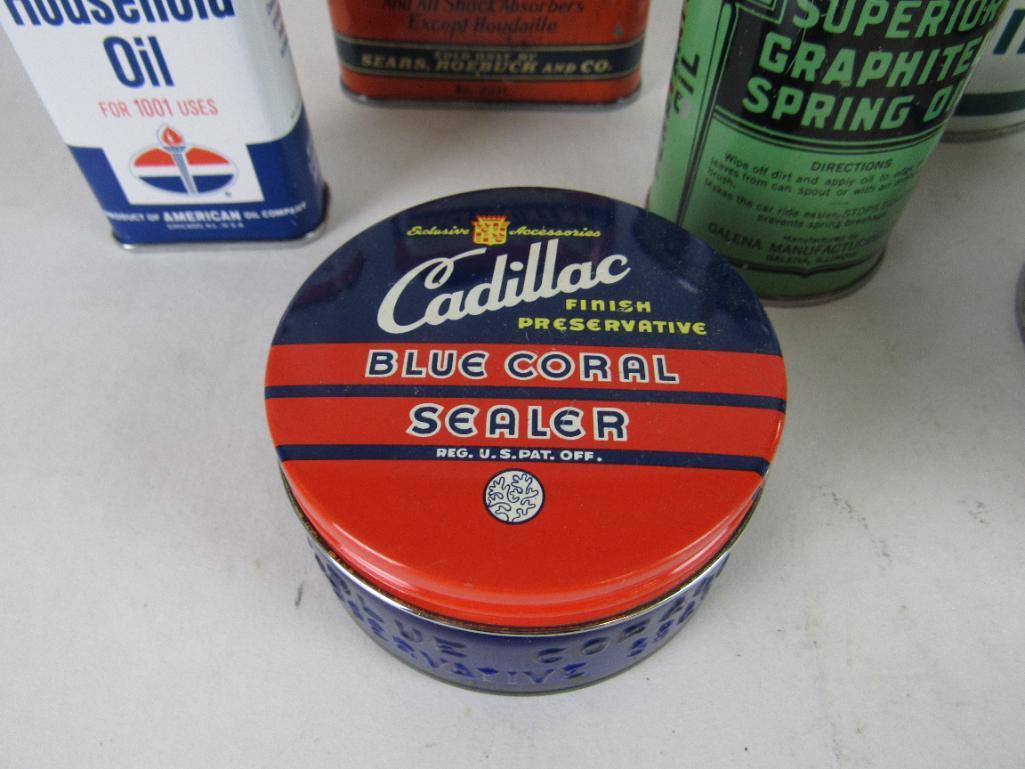 Grouping Vintage Metal Oil and Related Cans- Pyroil, Quaker State, Cadillac, Cross Country