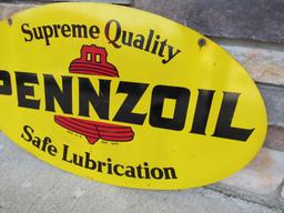 Excellent Vintage Pennzoil "Safe Lubrication" Metal Double Sided Oval Sign 31"