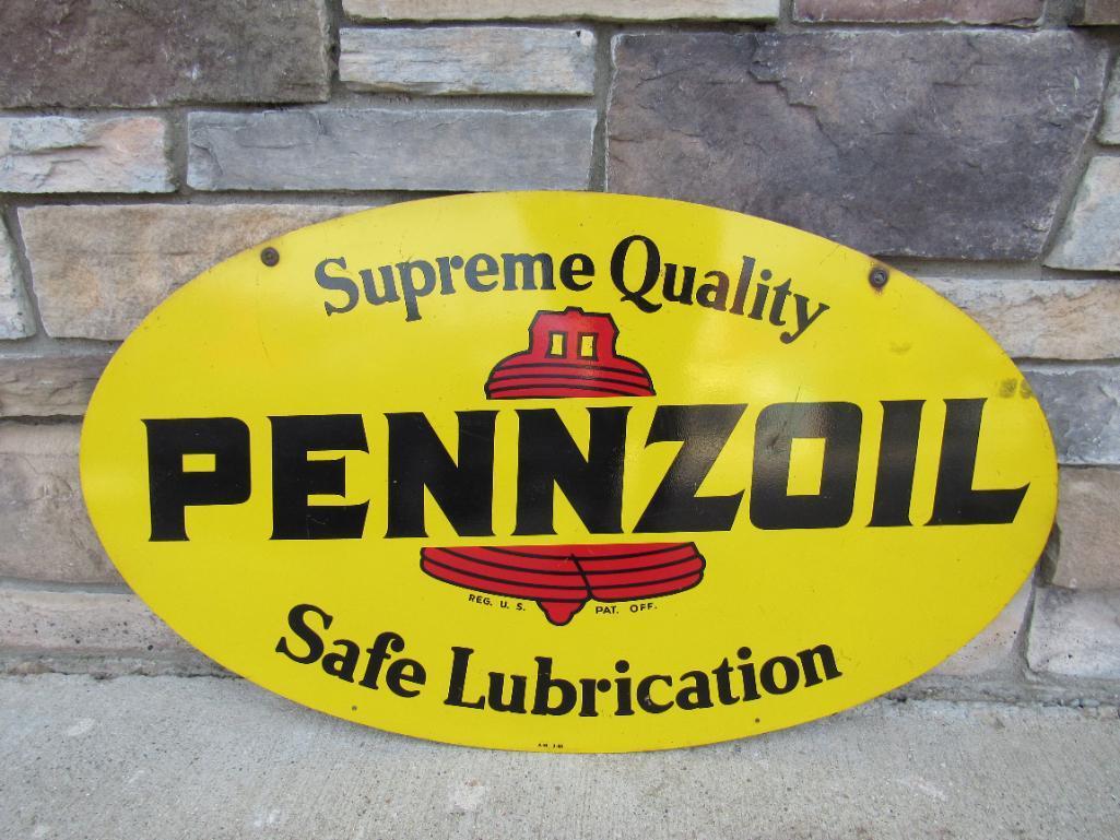 Excellent Vintage Pennzoil "Safe Lubrication" Metal Double Sided Oval Sign 31"