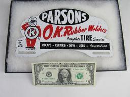 Antique Parsons O.K. Rubber Welders Metal Advertising License Plate Topper