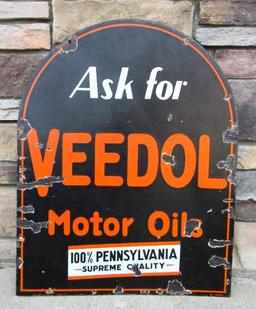 RARE Antique Veedol Motor Oil "Tombstone" Double Sided Porcelain Service Station Sign