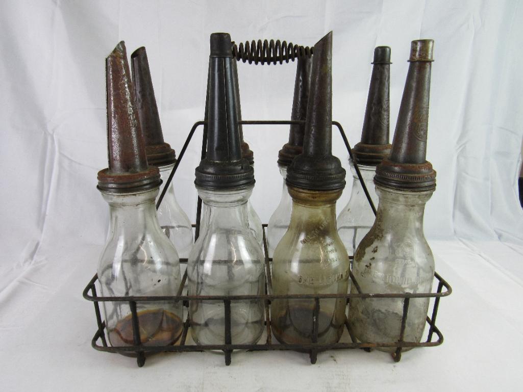 Antique Glass Quart Oil Bottle 8-Pack in Carrier