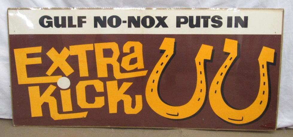 Vintage 1960's Gulf No Nox puts in "Extra Kick" Cardboard Service Station Sign 21 x 48"