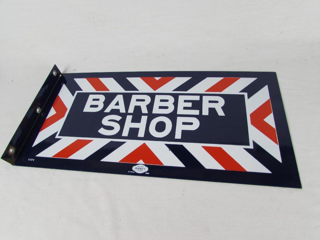 Outstanding NOS Marvy #1224 Barber Shop Double Sided Porcelain Flange Sign