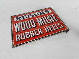 Rare Antique Wood Milne Shoeshines & Rubber Heels Double Sided Porcelain Flange Sign