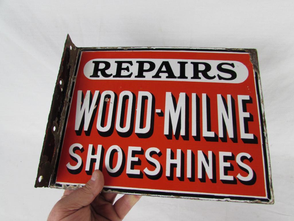 Rare Antique Wood Milne Shoeshines & Rubber Heels Double Sided Porcelain Flange Sign