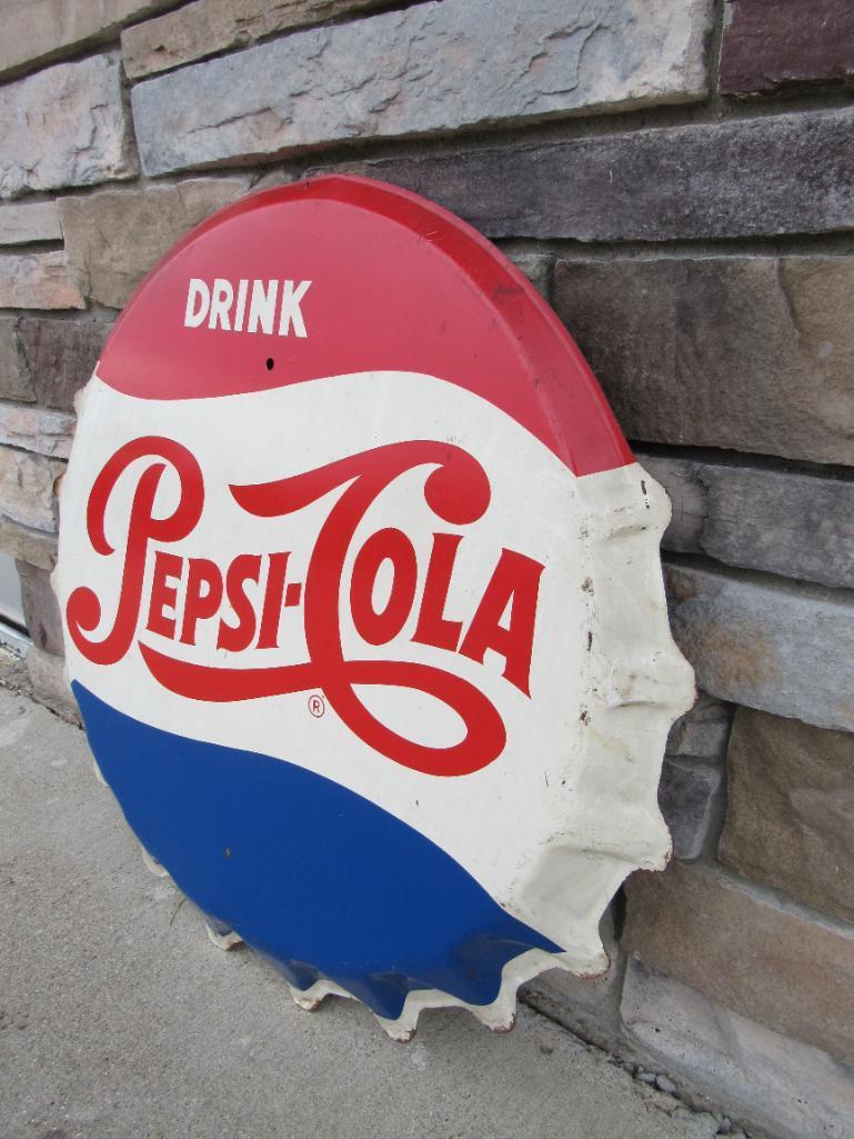 Vintage 1960's Pepsi Cola Embossed Metal Bottle Cap sign- original & Authentic 31"