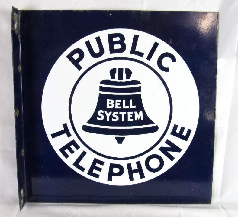 Antique Bell System Public Telephone Double Sided Porcelain Flange Sign