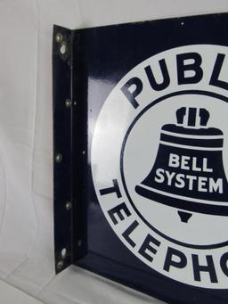 Antique Bell System Public Telephone Double Sided Porcelain Flange Sign