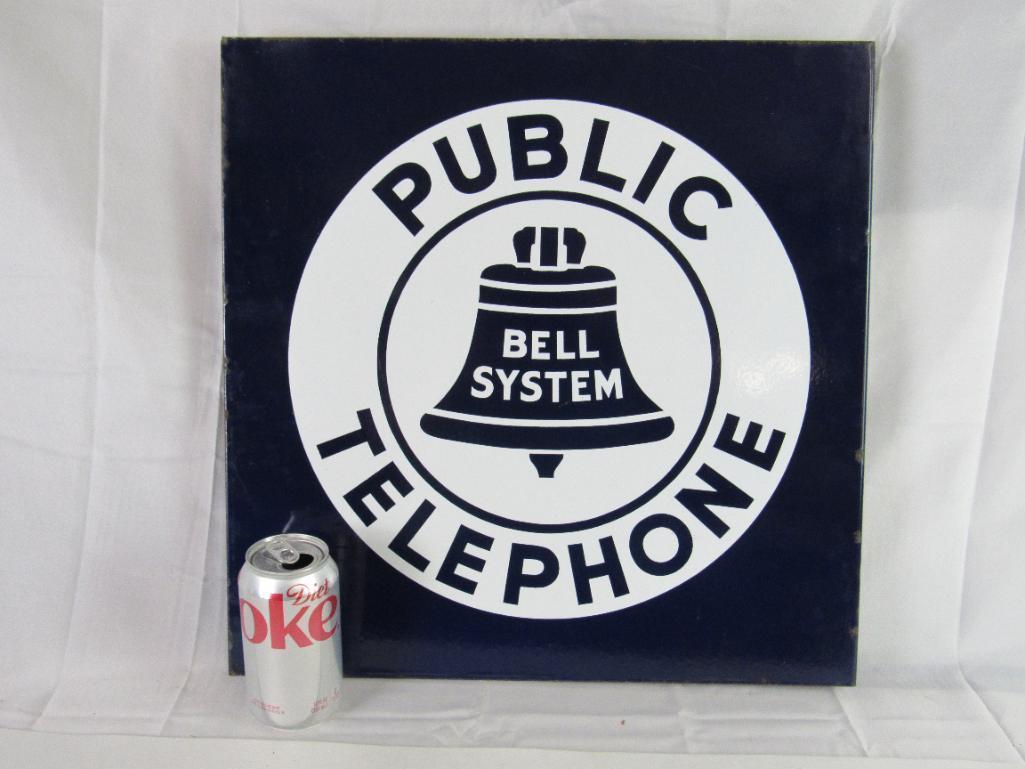 Antique Bell System Public Telephone Double Sided Porcelain Flange Sign