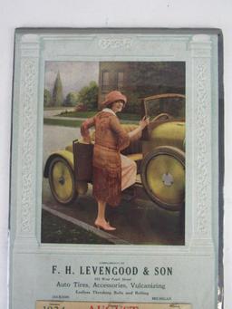 Antique 1924 Calendar Lady & Roadster- F.H. Levengood Auto Tires- Jackson, Mich