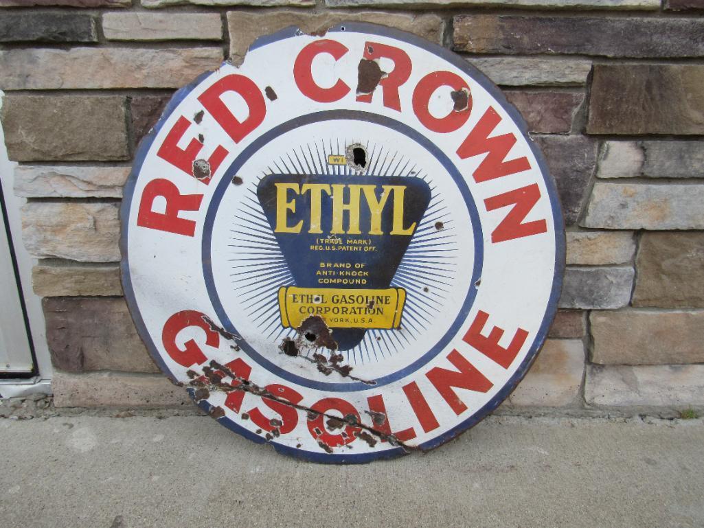 Authentic Antique Red Crown Gasoline 30" Doubles Sided Porcelain Gas & Oil Sign