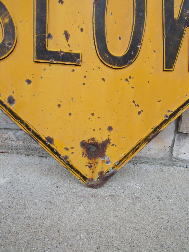 Vintage Heavy Embossed Metal "SLOW" Road Sign