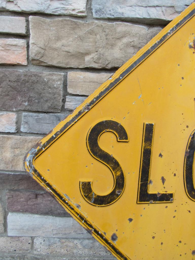 Vintage Heavy Embossed Metal "SLOW" Road Sign