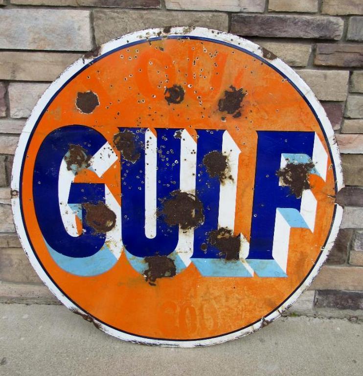 Antique Gulf Oil Double Sided Porcelain Service Station Sign Original 42"