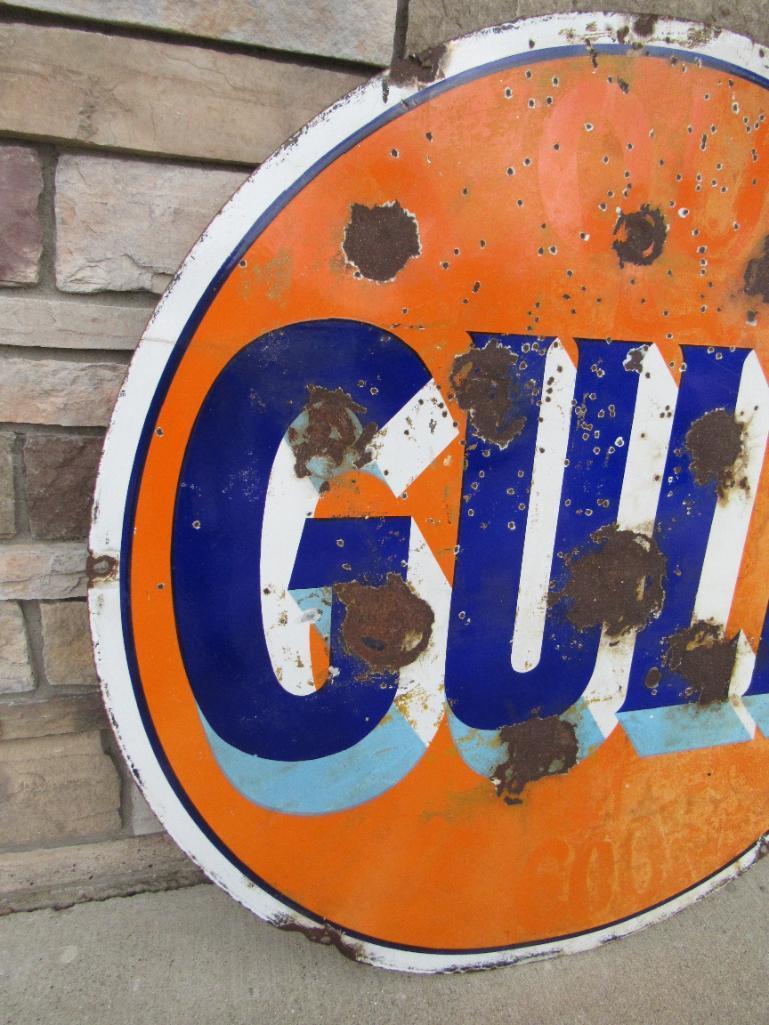 Antique Gulf Oil Double Sided Porcelain Service Station Sign Original 42"