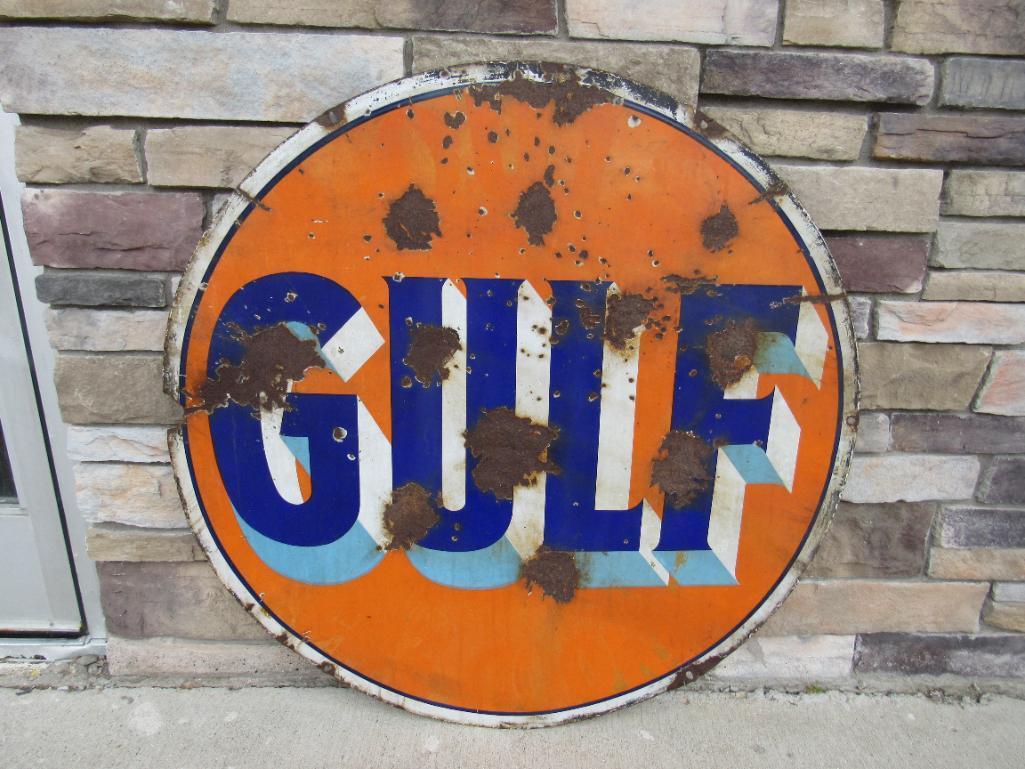 Antique Gulf Oil Double Sided Porcelain Service Station Sign Original 42"