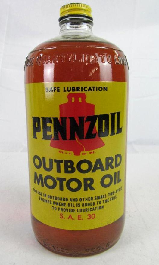 Vintage Pennzoil Outboard Motor Oil Glass Quart Bottle/ Full NOS