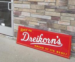 Vintage Dreikorn's Bread Embossed Metal 5 Ft. Advertising Sign