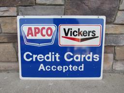 Vintage APCO / Vickers "Credit Cards Accepted" Double Sided Metal Gas Station Sign