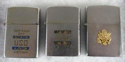 Lot (3) Vintage Zippo Lighters- Vietnam, USO, Cam Ranh Bay, etc