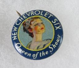 Lot (4) Antique c. 1930's "New Chevrolet Six" - Queen of the Shows Tin Pinbacks