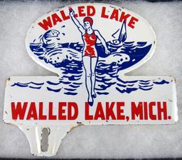 Vintage Walled Lake Michigan Metal License Plate Topper w/ Bathing Beauty