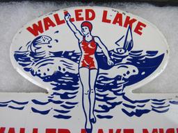 Vintage Walled Lake Michigan Metal License Plate Topper w/ Bathing Beauty