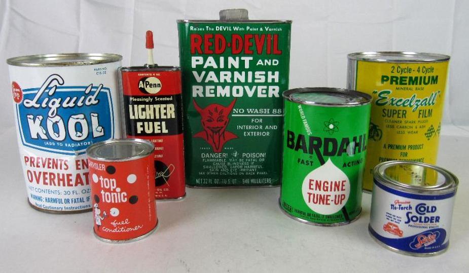 Grouping Vintage Metal Oil and Related Cans- Liquid Kool, Red-Devil, Bardahl, Excelzall+