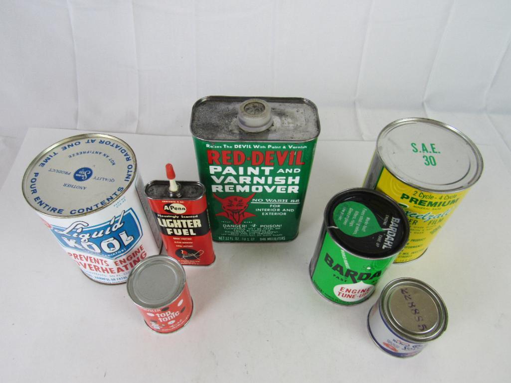 Grouping Vintage Metal Oil and Related Cans- Liquid Kool, Red-Devil, Bardahl, Excelzall+