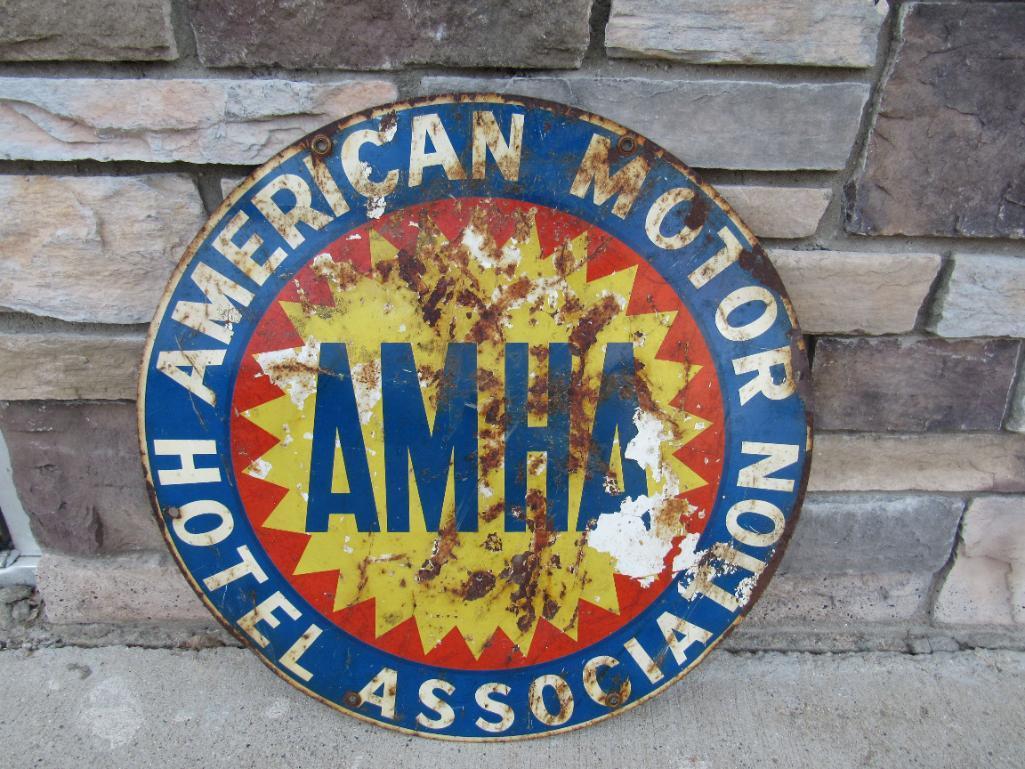Vintage AMHA American Motor Hotel Association Dbl. Sided Steel Sign 20"