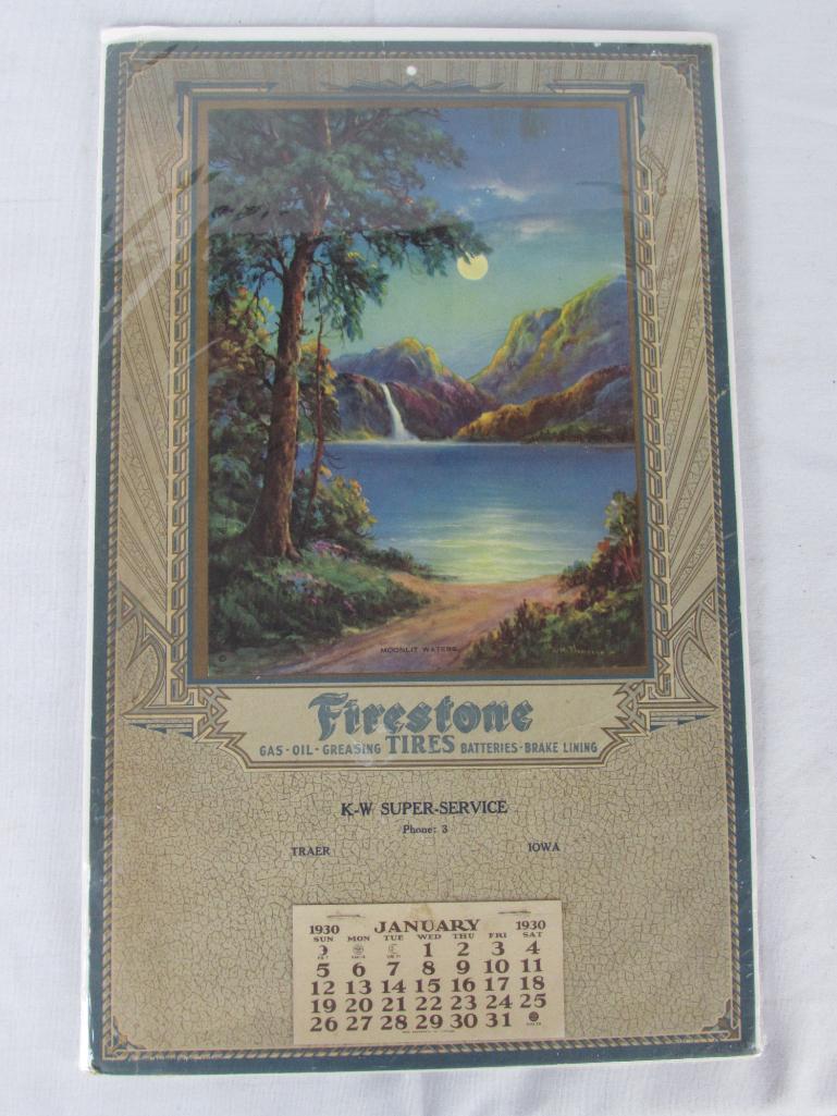 1930 KW Super Service Station (Iowa) Firestone Tires Gas & Oil Calendar (Full Pad)