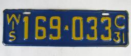 Antique 1931 Wisconsin License Plate
