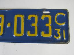 Antique 1931 Wisconsin License Plate