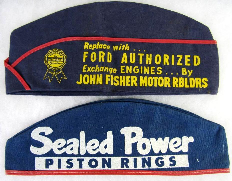 (2) Antiqe Service Station Atendee Hats- Sealed Power Piston Rings, Ford Authorized Motors