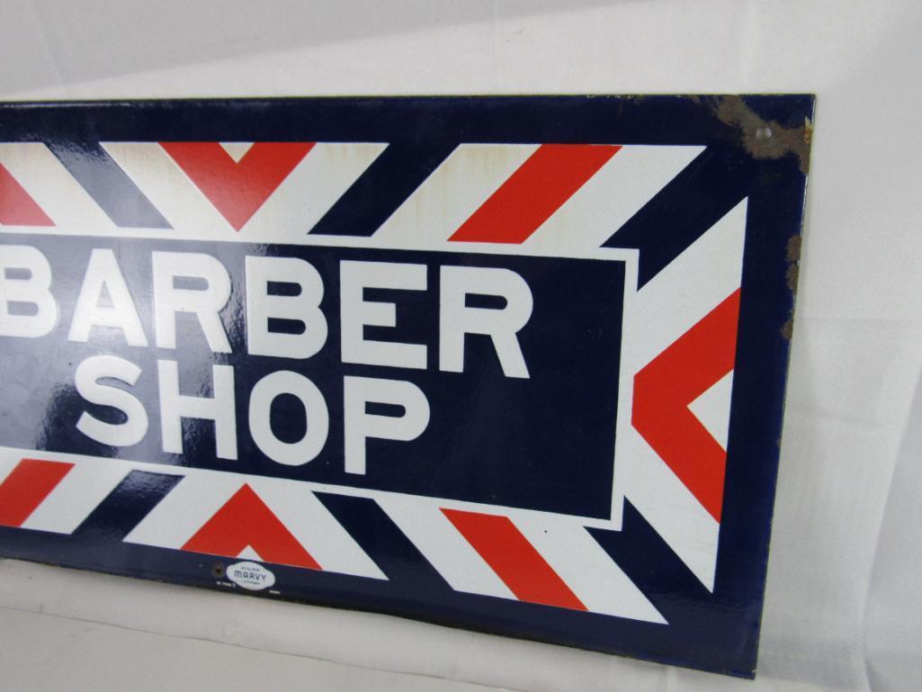 Outstanding NOS Marvy #1224 Barber Shop Double Sided Porcelain Flange Sign