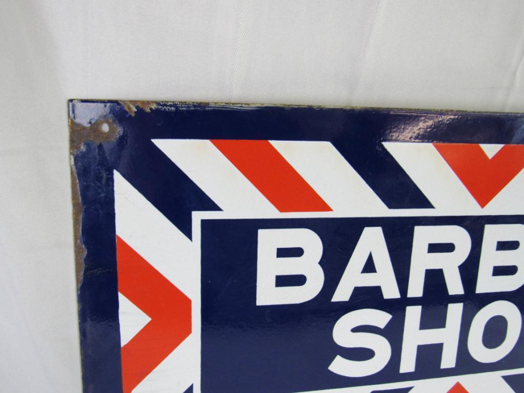 Outstanding NOS Marvy #1224 Barber Shop Double Sided Porcelain Flange Sign