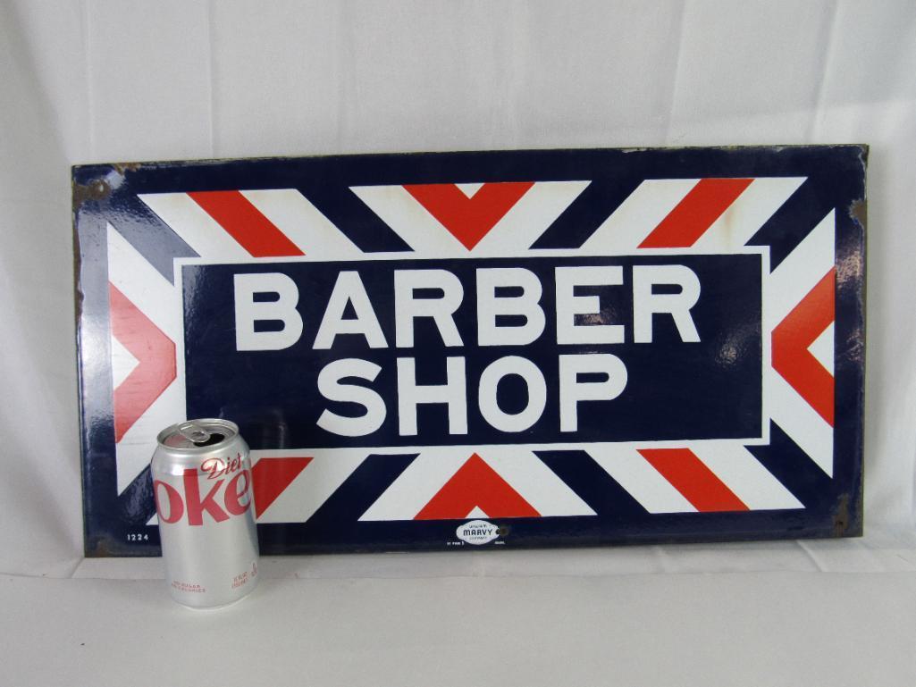 Outstanding NOS Marvy #1224 Barber Shop Double Sided Porcelain Flange Sign