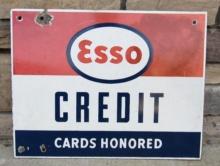 Authentic Antique Esso Gas Station "Credit Cards Honored" Double Sided Porcelain Sign