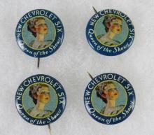 Lot (4) Antique c. 1930's "New Chevrolet Six" - Queen of the Shows Tin Pinbacks