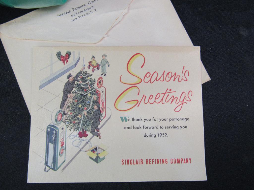 Vintage Sinclair Gas Station Inflatable Dino w/ 1952 Sinclair Greeting Card w/ Gas Pumps