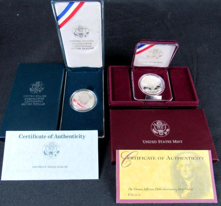 Lot (2) US Comemmorative Silver Proof Dollars 1990 Eisenhower & 1993 Jefferson MIB