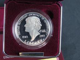 Lot (2) US Comemmorative Silver Proof Dollars 1990 Eisenhower & 1993 Jefferson MIB