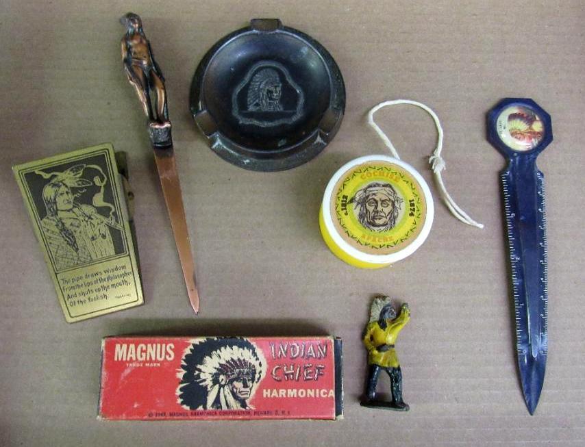 Grouping Antique Native American Indian Items- Harmonica, Ashtray, Letter Openers, etc.