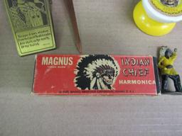 Grouping Antique Native American Indian Items- Harmonica, Ashtray, Letter Openers, etc.