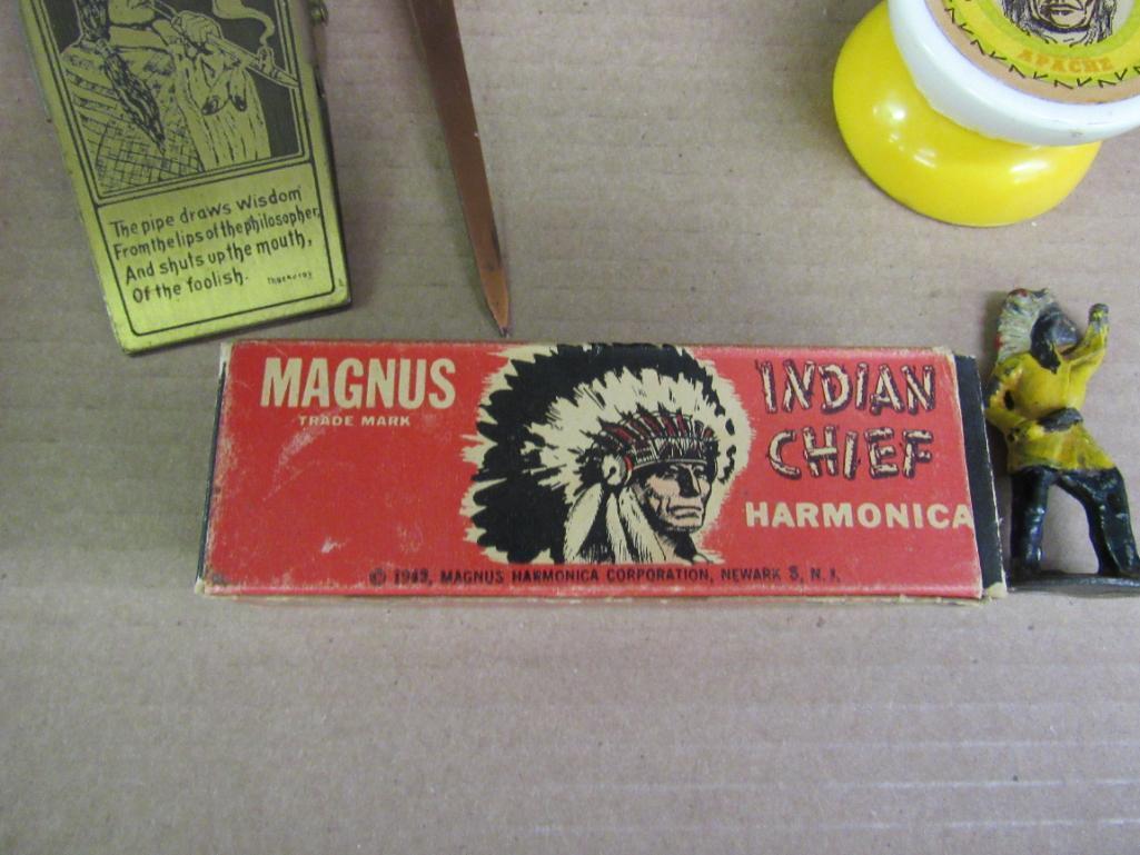 Grouping Antique Native American Indian Items- Harmonica, Ashtray, Letter Openers, etc.