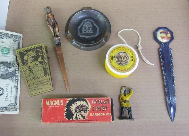 Grouping Antique Native American Indian Items- Harmonica, Ashtray, Letter Openers, etc.