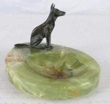Excellent Antique Green Onyx Bronze Figural Dog Ashtray or Coin Tray