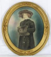 Antique Victorian Lady with Hand Muff Oval Framed Enhanced Photo 1912 Dated